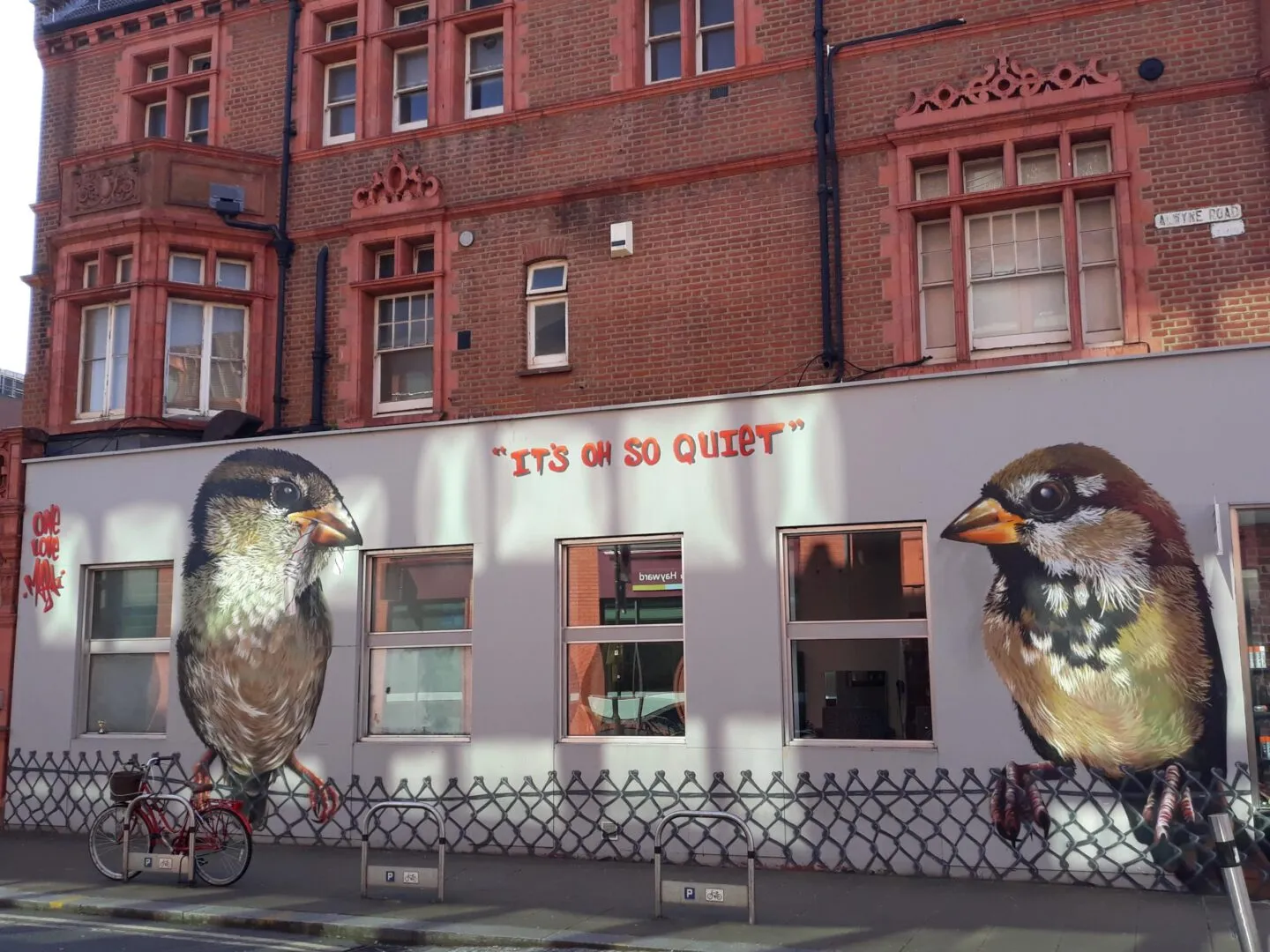 Natural break showing wall art of sparrows with caption "its oh so quiet"
